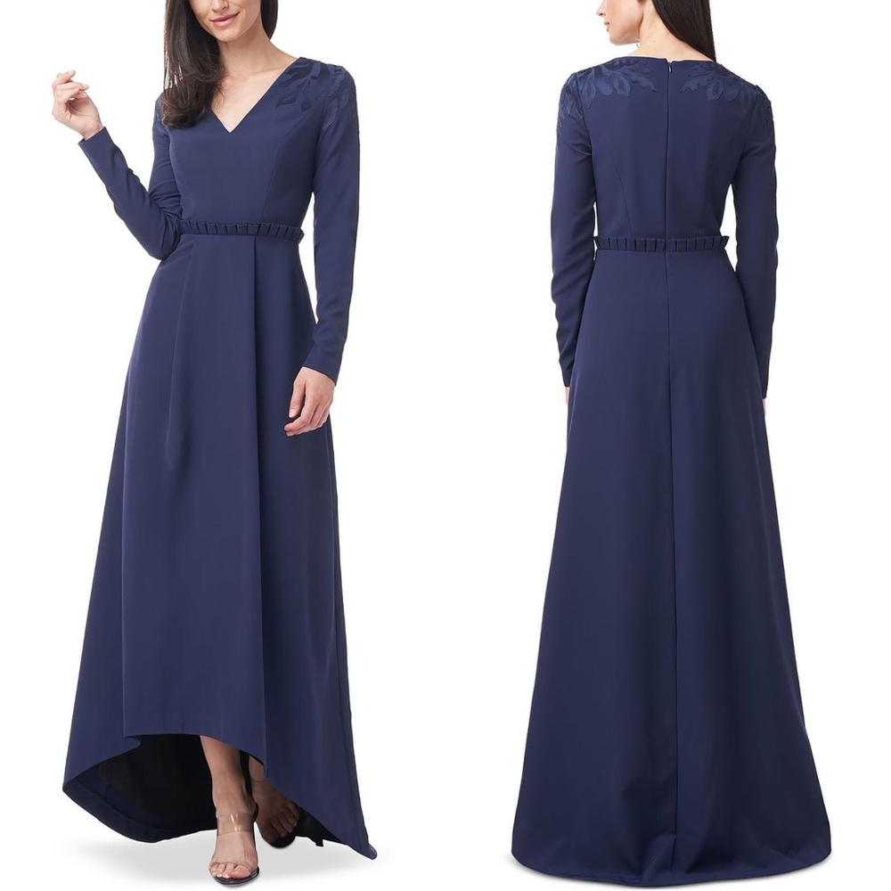 NEW JS COLLECTIONS Akala NAVY Crepe APPLIQUÉ Evening Dress HIGH-LOW Gala GOWN 10